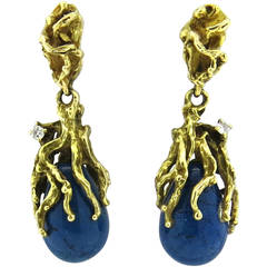 1970s Blue Stone Diamond Gold Drop Earrings
