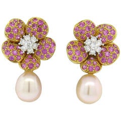 Whimsical Pink Sapphire Diamond Gold Flower Pearl Earrings