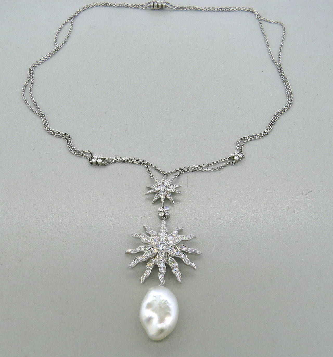 Tiffany & Co. Gorgeous Pearl Drop Diamond Platinum Pendant Necklace 1