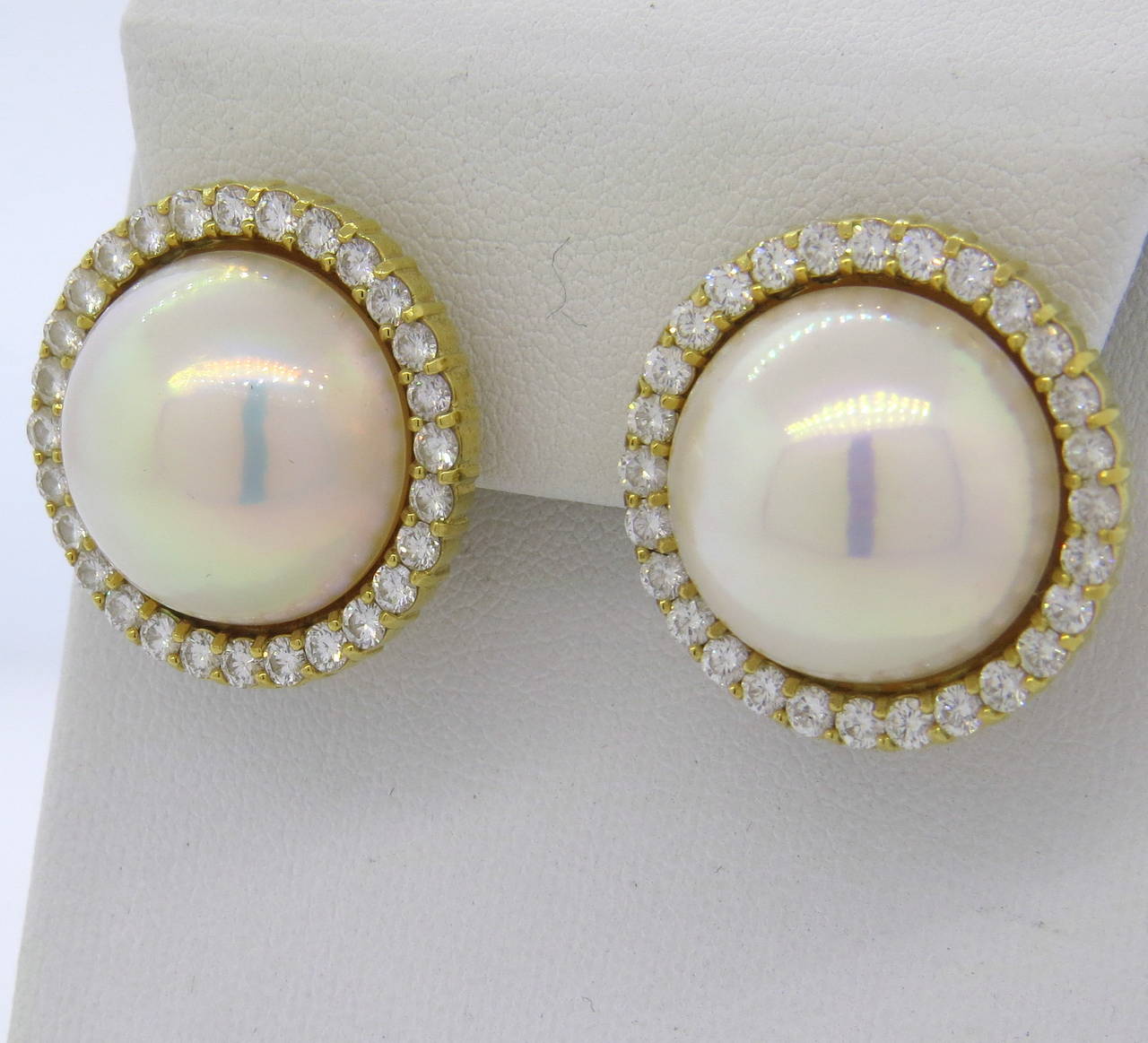 Women's Impressive Large Pearl Diamond Gold Earrings