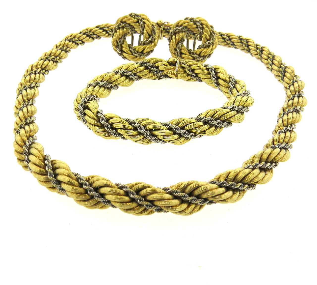 1960s Rope Gold Necklace Bracelet and Earrings Suite 1