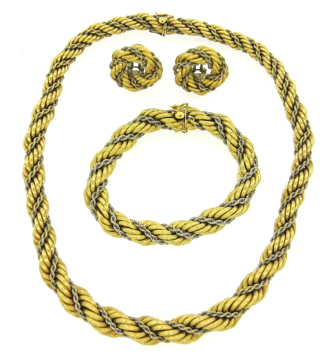 1960s 18k yellow and white gold set, crafted in twisted rope design. Necklace is 17