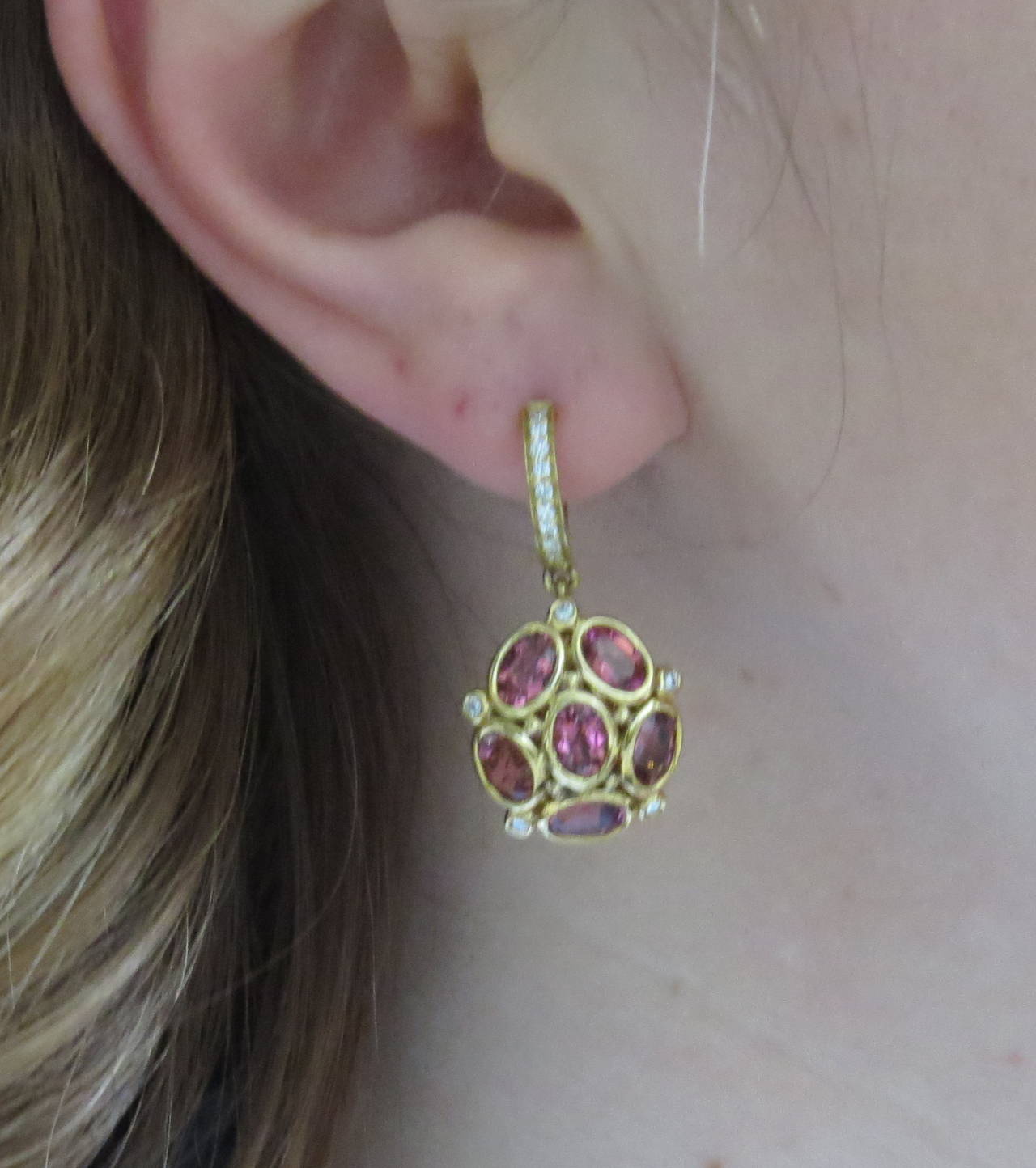 Temple St. Clair Nirvana Pink Tourmaline Diamond Gold Cluster Earrings In New Condition In Lambertville, NJ