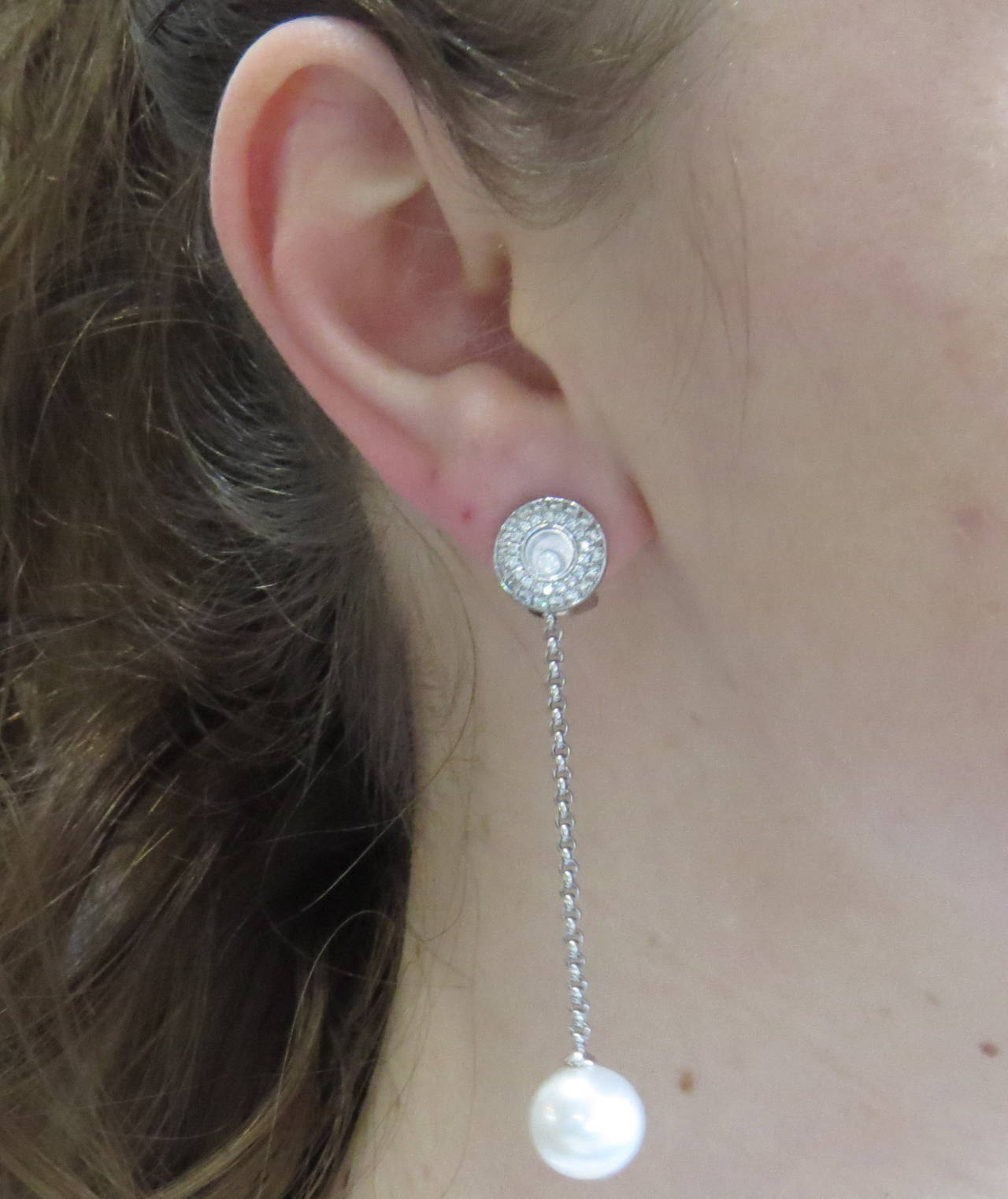 Chopard Floating Diamond Gold Pearl Long Drop Earrings In New Condition In Lambertville, NJ