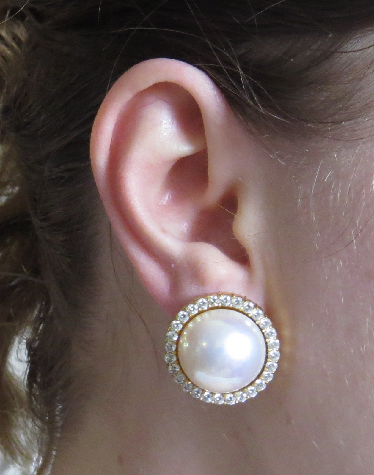 Impressive Large Pearl Diamond Gold Earrings In Excellent Condition In Lambertville, NJ