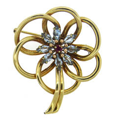 1940s Retro Aquamarine Ruby Gold Flower Brooch