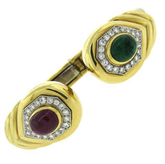 David Webb Ruby and Emerald Cabochon Diamond Gold Platinum Cuff Bracelet