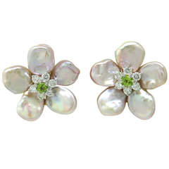 Seemann Schepps Gold Diamant Saphir Perlmutt Biwa Blume Ohrringe