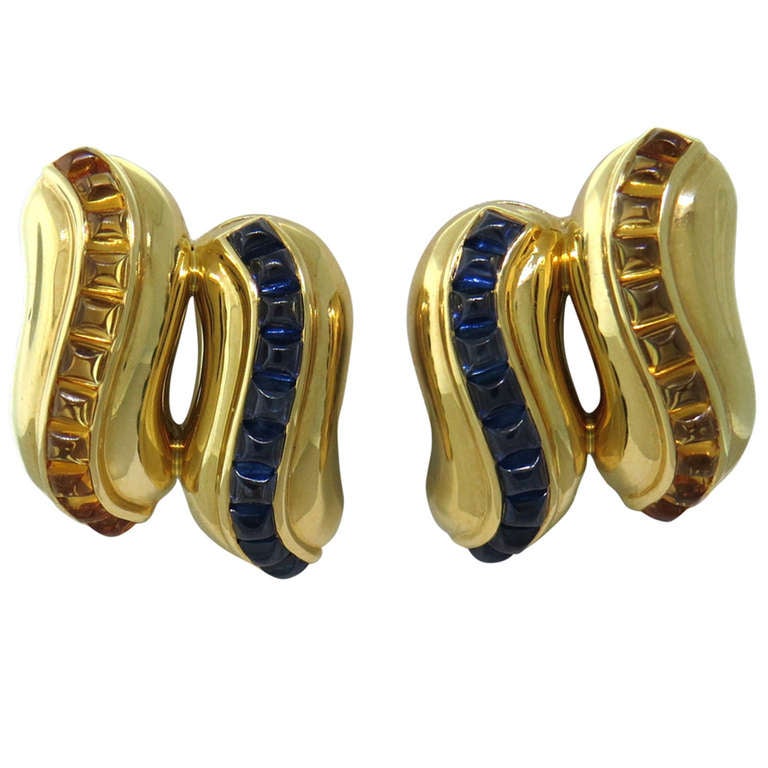 Seaman Schepps Sugarloaf Cut Sapphire Citrine Gold Earrings For Sale