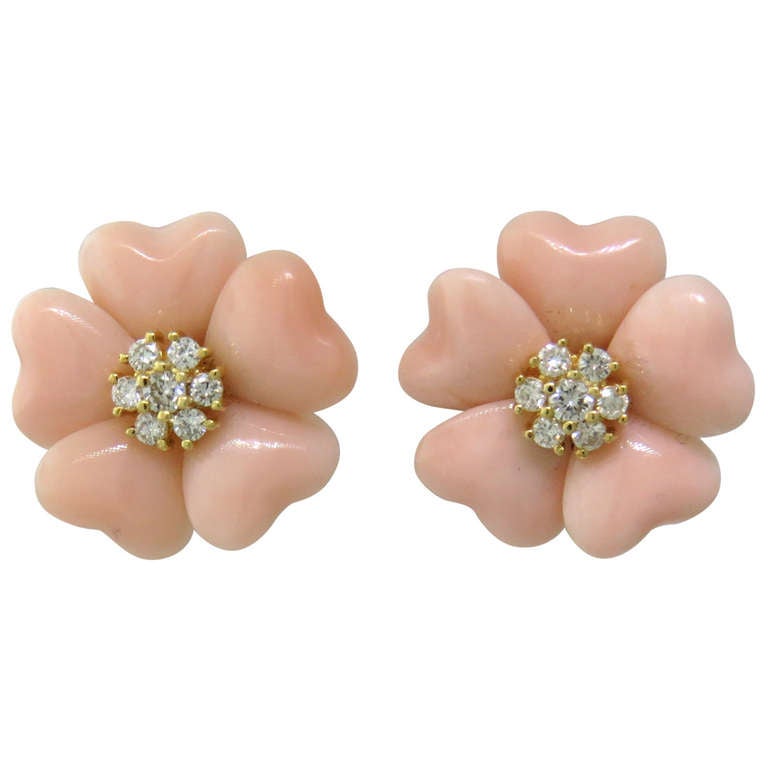 Adorable Angel Skin Coral Diamond Gold Flower Earrings