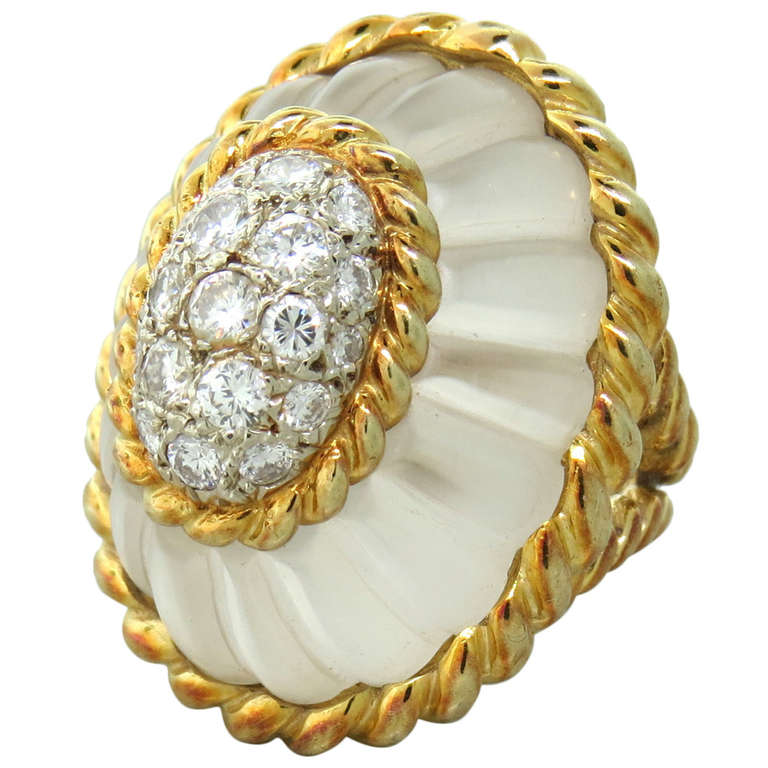 1960s Large Gold Carved Frosted Crystal Diamond Ring