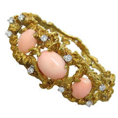 Vintage Angel Skin Coral Diamond Gold Bangle Bracelet