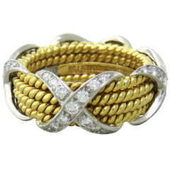 Tiffany & Co Schlumberger Rope Four Row Diamond X Gold Platinum Ring