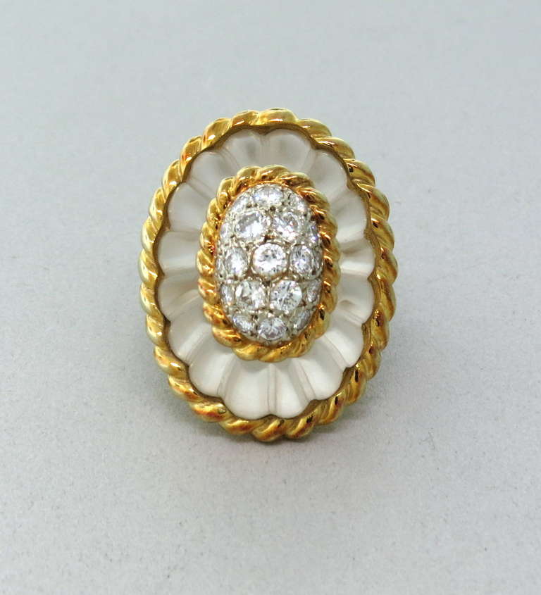 1960s vintage 14k gold ring with carved frosted crystal and approx. 0.90ctw VS/GH diamonds. Ring size 6, ring top is 30mm x 24mm, ring sits approx. 18m from the finger. weight 25.6g