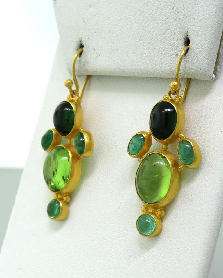 Gurhan 24k gold earrings with green gemstone cabochons - emerald,green tourmaline and peridot. Earrings are 41mm long with wire x 17mm wide. Marked Gurhan,EA02764,0.990. weight 10.7g