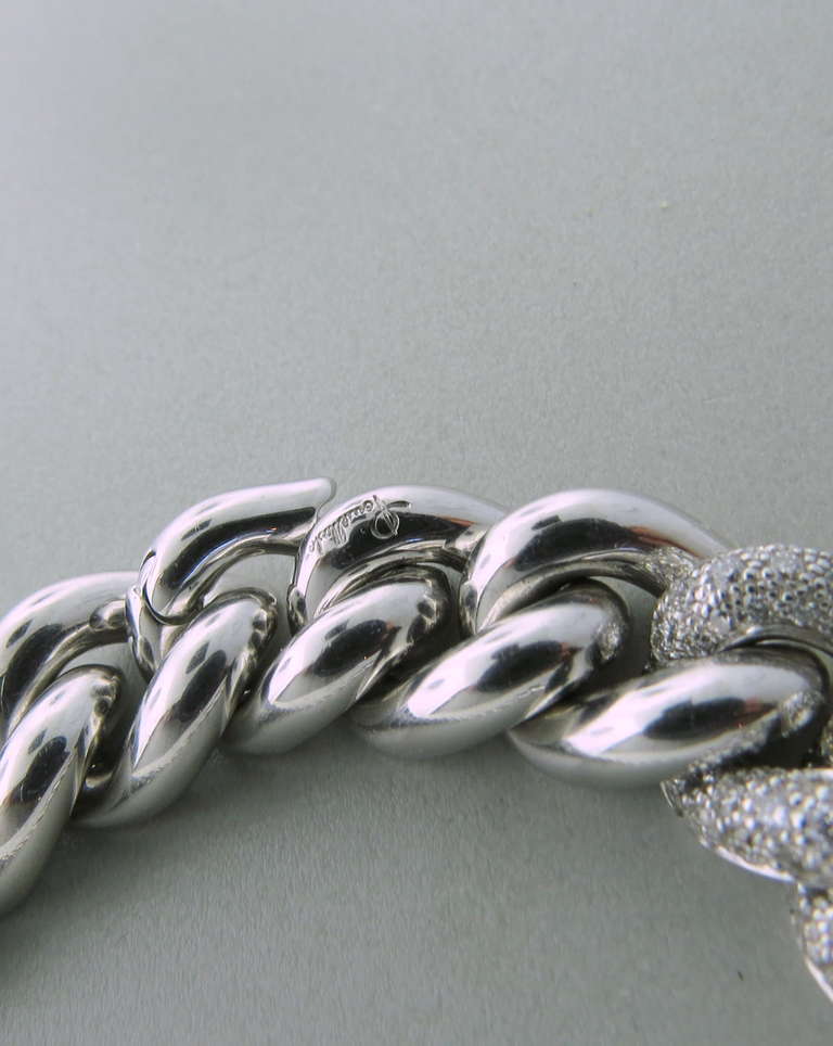 Pomellato 18k white gold link necklace with diamonds from Gourmette collection. Bracelet is 7