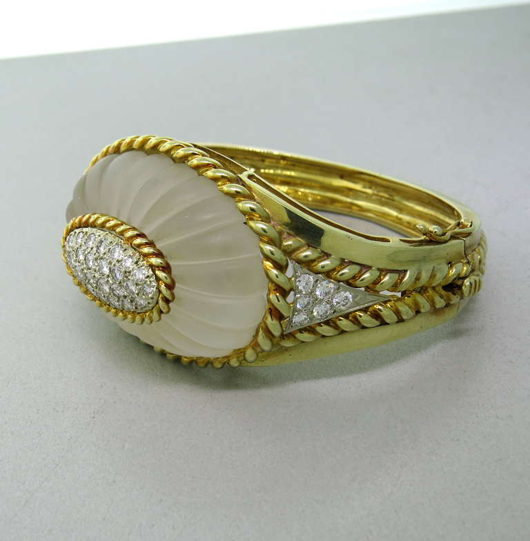 Carved Frosted Crystal Diamond Gold Bangle Bracelet For Sale at 1stDibs