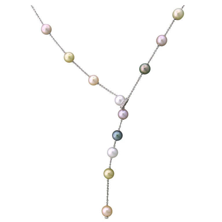 Mikimoto Long Multi Color Pearl in Motion Diamond Necklace in White Gold