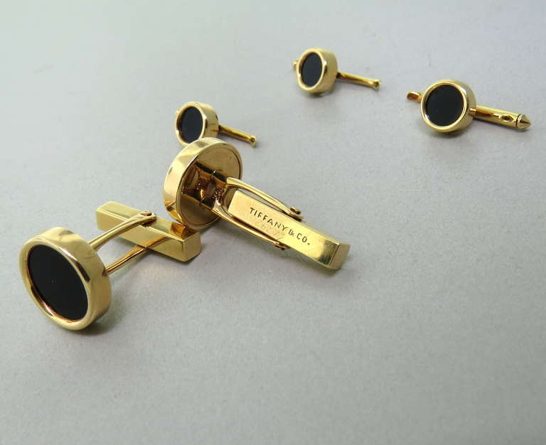 Tiffany & Co Onyx Gold Cufflink Stud Dress Set In Excellent Condition In Lambertville, NJ