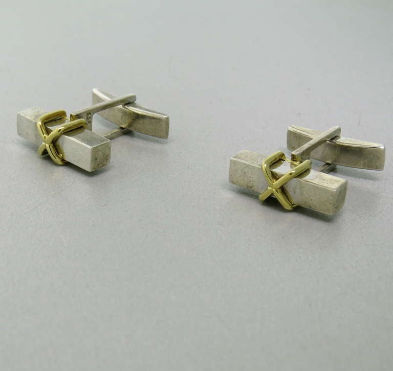 Sterling silver and 18k gold cufflinks by Tiffany & Co with signature 
