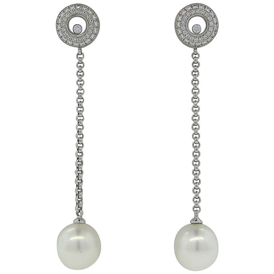 Chopard Floating Diamond Gold Pearl Long Drop Earrings