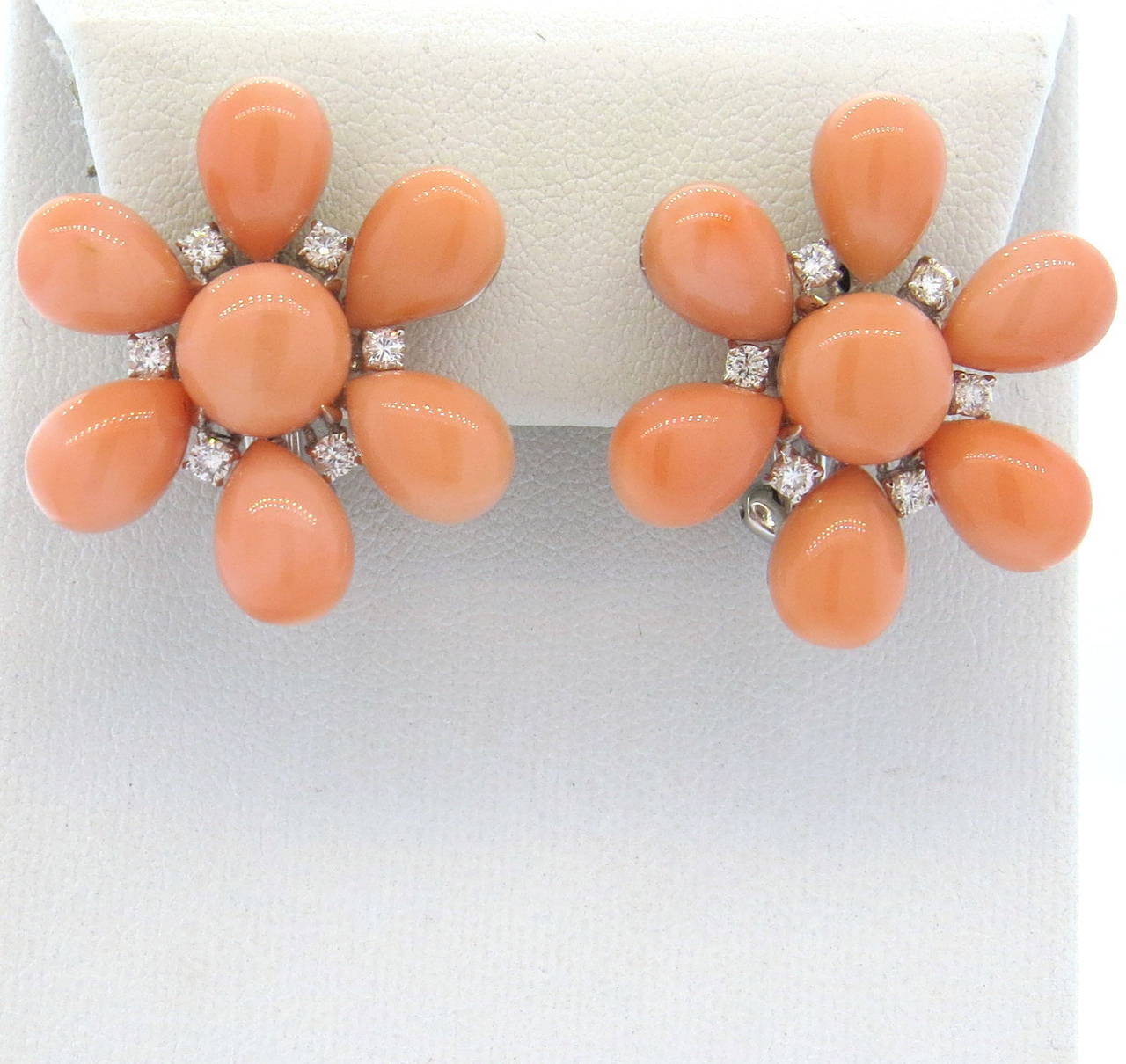Coral Diamond Gold Flower Earrings 1