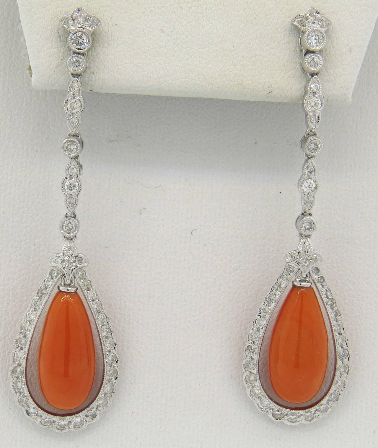 Coral Diamond Long Drop Gold Earrings 1