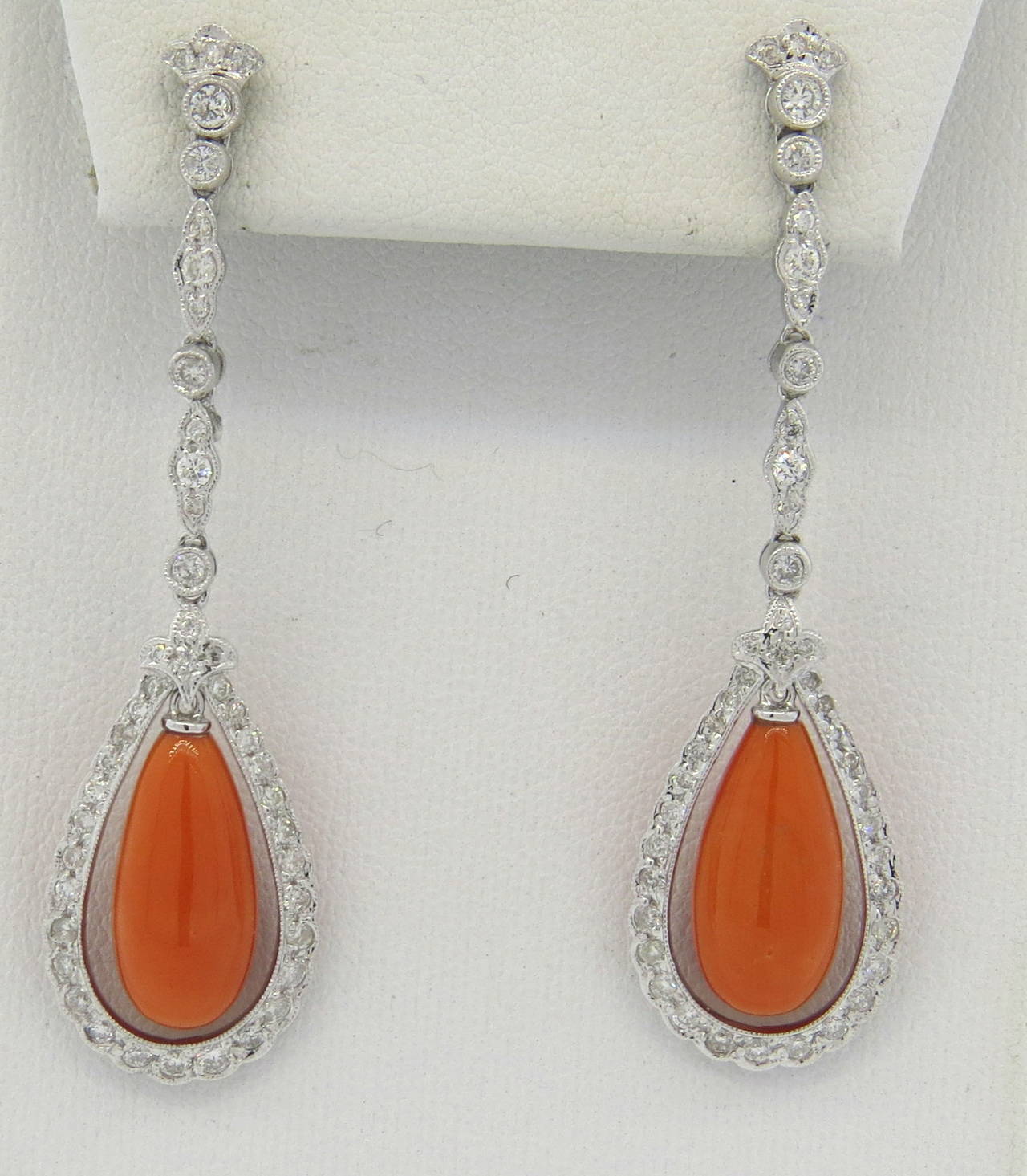 Coral Diamond Long Drop Gold Earrings 2