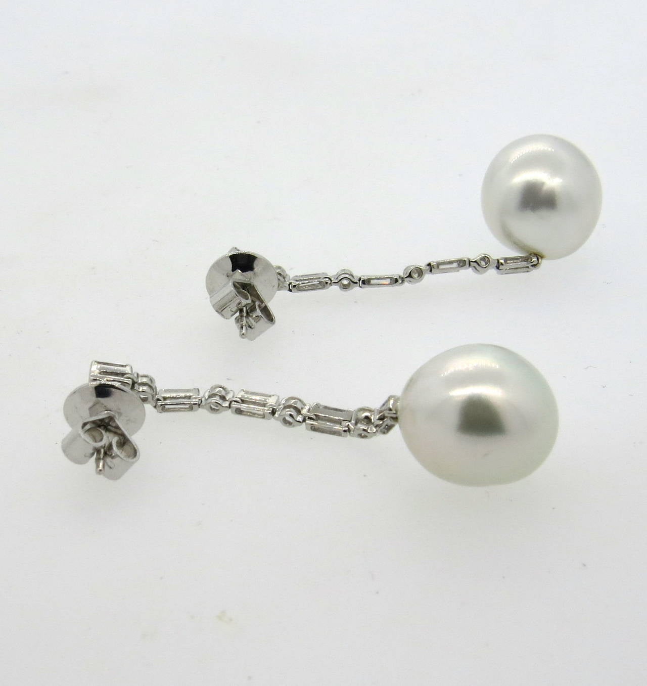South Sea Pearl Diamond Drop Gold Earrings In Excellent Condition In Lambertville, NJ