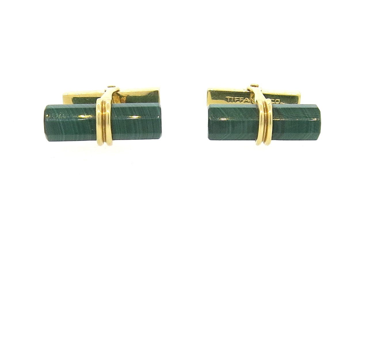 Vintage 14k gold cufflinks, crafted by Tiffany & Co, set with malachite stones. Cufflink top measures 20mm x 8mm. Marked 585 and Tiffany & Co. Weight - 11.6 grams