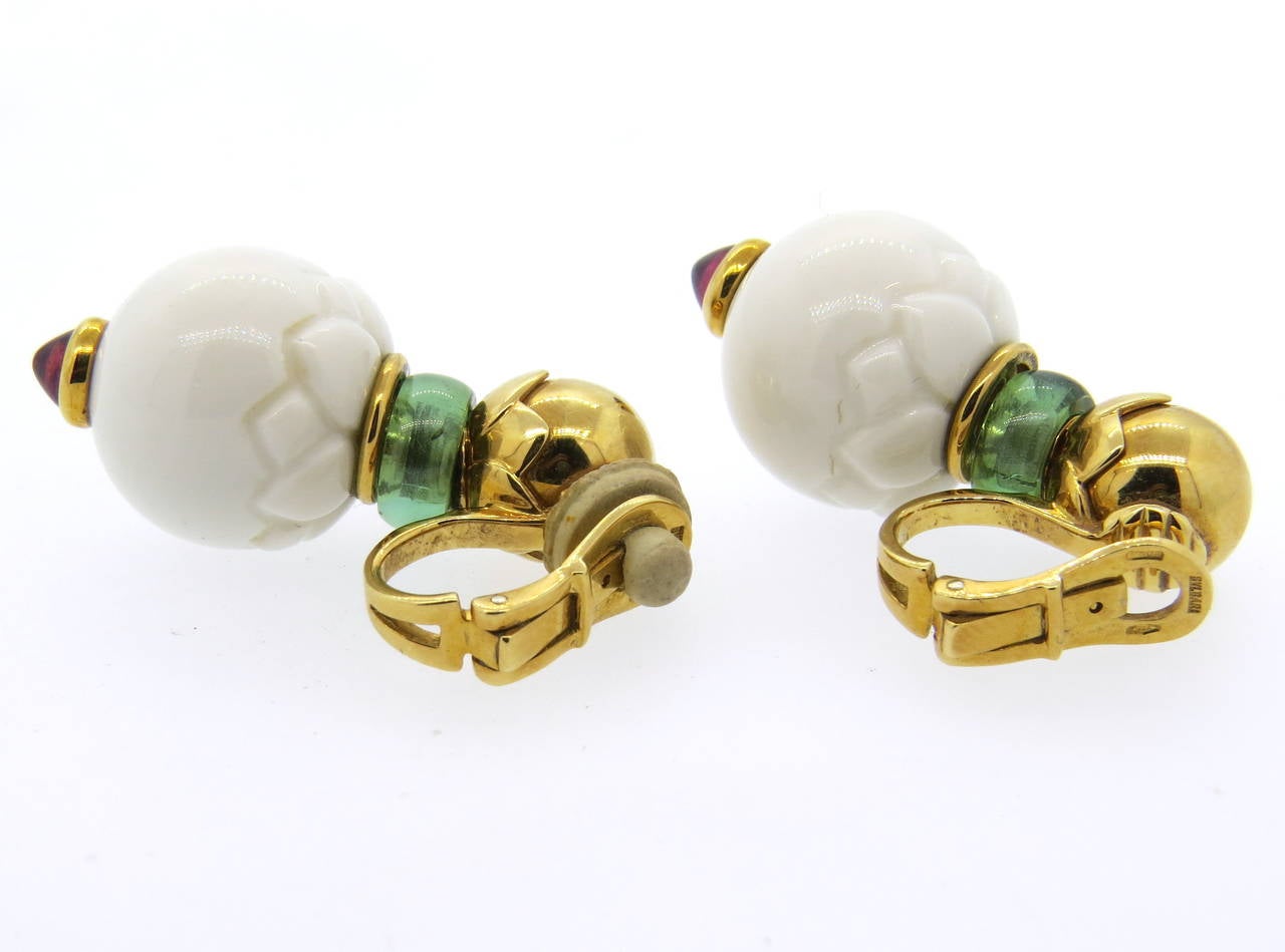 18k gold earrings, crafted by Bulgari for Chandra collection, featuring white ceramic and green and pink tourmalines. Earrings are 33mm x 16mm. Marked Bvlgari, 750, 2337AL. Weight - 22.1 grams