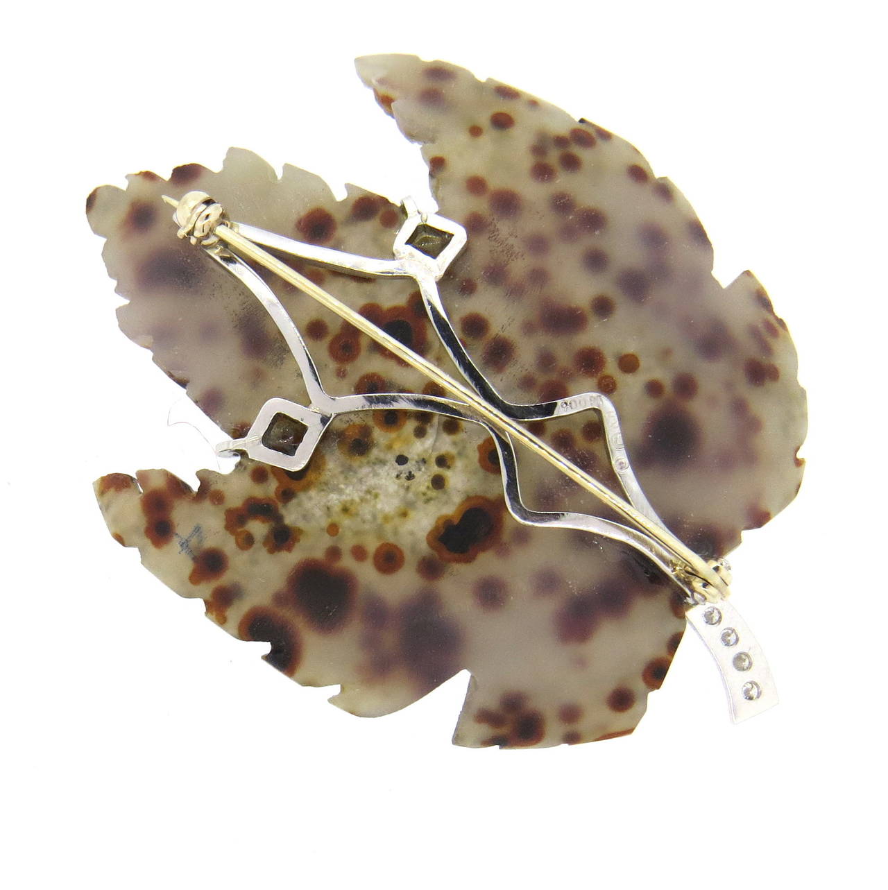 Delicate platinum leaf brooch, designed by Cathy Waterman, featuring carved druzy agate top, decorated with diamonds. Brooch is 60mm x 44mm. Marked with makers hallmark and 900pt. Weight of the piece - 16.7 grams