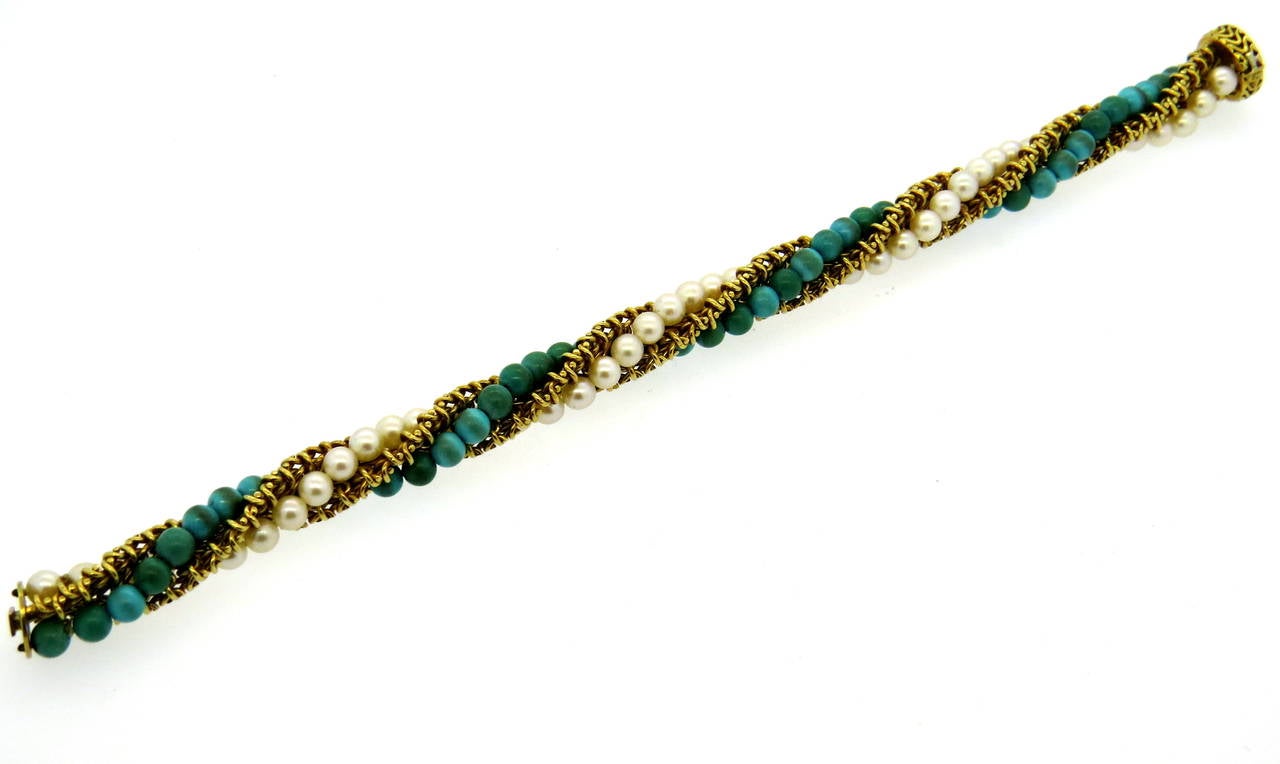 1960s Pearl Turquoise Gold Bracelet In Excellent Condition In Lambertville, NJ