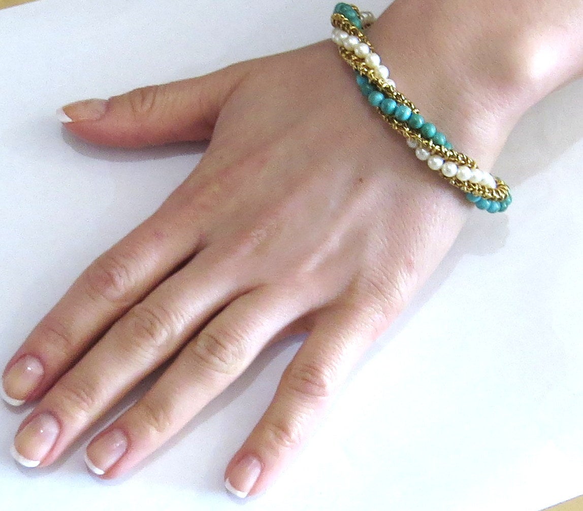 Women's 1960s Pearl Turquoise Gold Bracelet