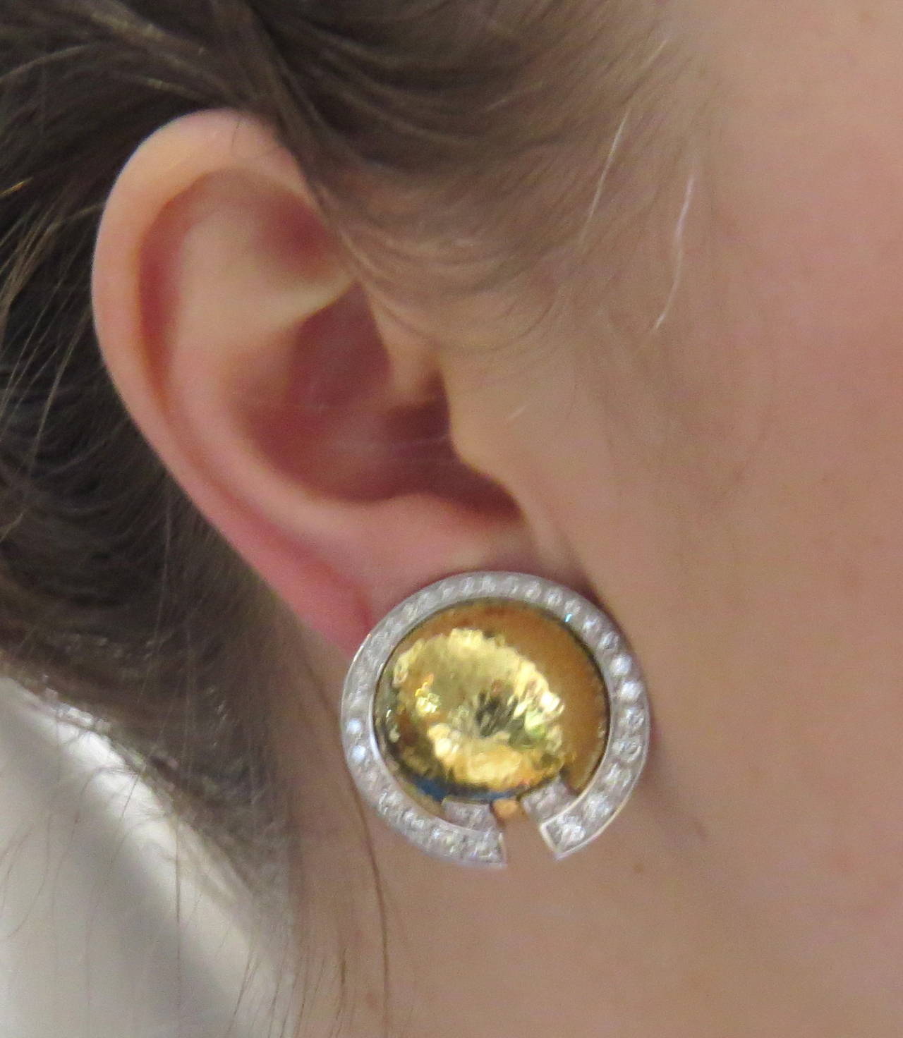 Women's Important David Webb Diamond Hammered Gold Platinum Earrings
