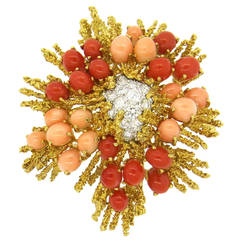 Impressive 1970s Diamond Red and Angel Skin Coral Gold Brooch