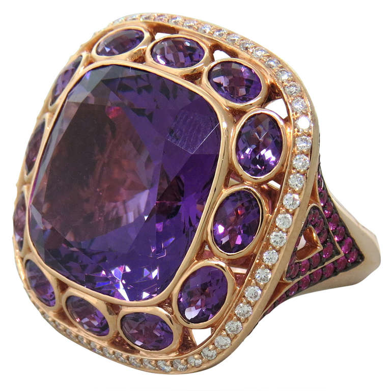 Gold Pink Sapphire Amethyst Diamond Cocktail Ring