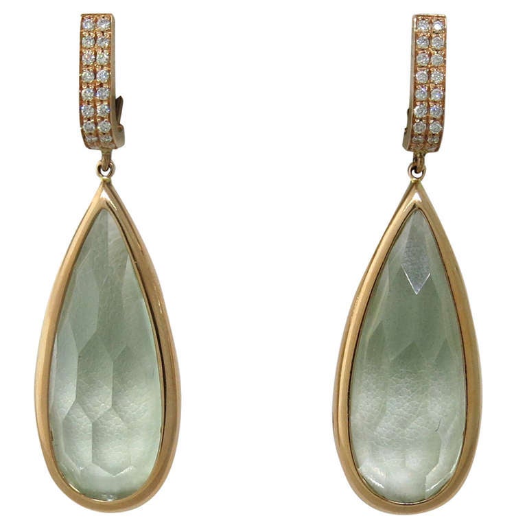 Modern Diamond Green Amethyst Gold Teardrop Earrings