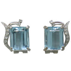 Classic 1950s Aquamarine Diamond Gold Earrings