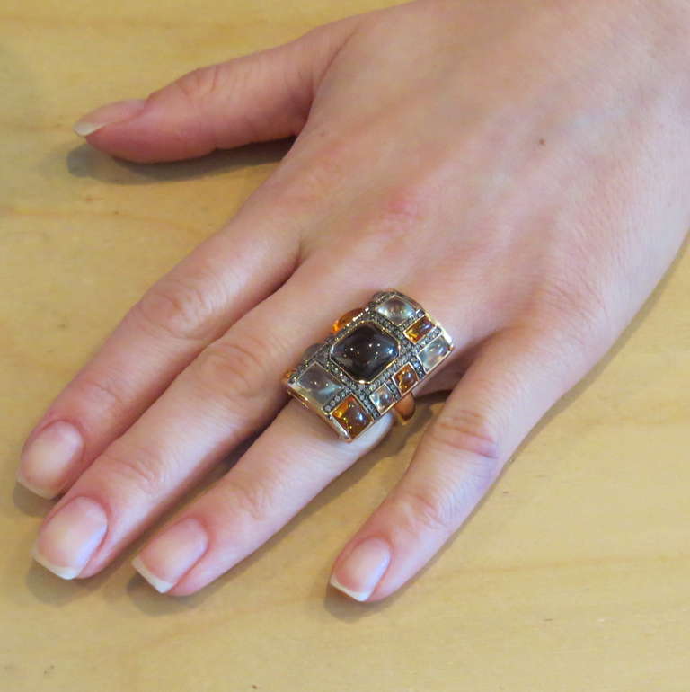 Moderner moderner Goldring mit Rauchtopas, Citrin und Peridot Diamant 1