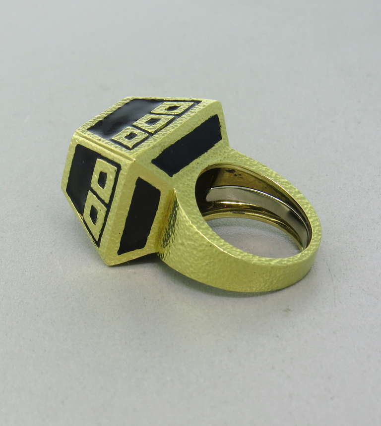 18k yellow gold ring by David Webb, decorated with black enamel and diamonds. Ring size 6, ring top is 18mm x 24mm, ring sits approx. 17mm from the finger. Marked 18k,Webb. weight 23.3g