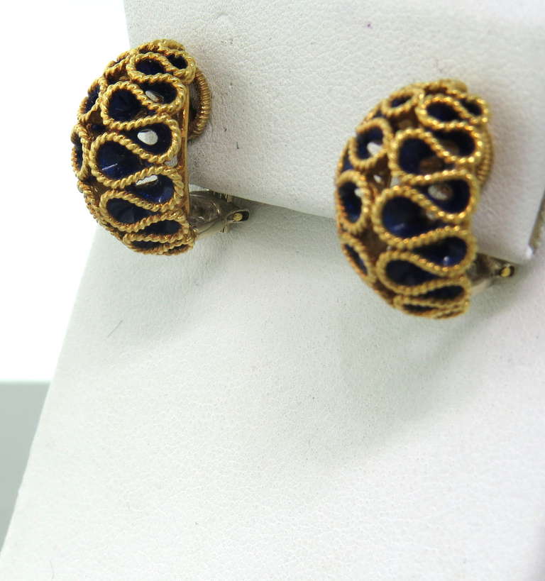 Vintage 1960s 18k gold earrings with blue enamel. Earrings are 19mm x 14mm. weight 16.1g