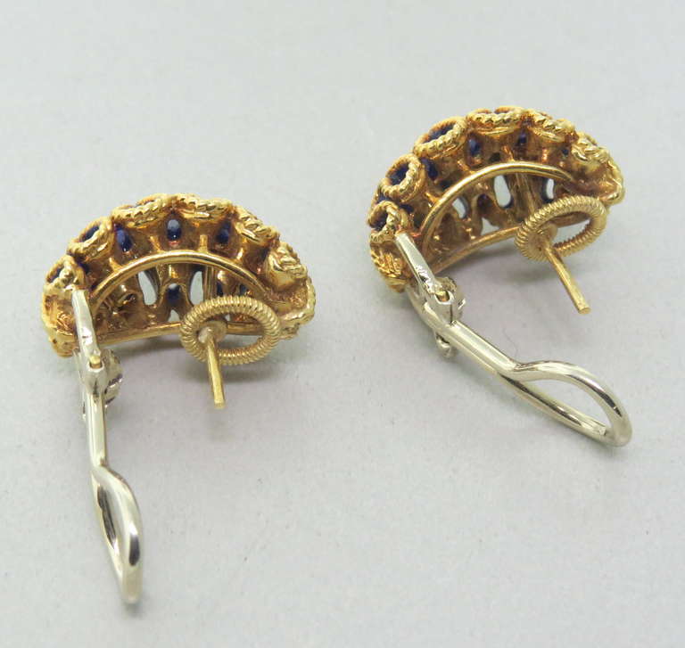 1960s Gold Blue Enamel Earrings In Excellent Condition In Lambertville, NJ