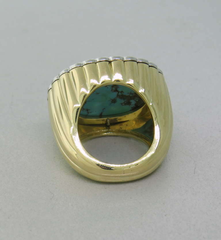 Massive Turquoise Diamond Gold Cocktail Ring In Excellent Condition In Lambertville, NJ
