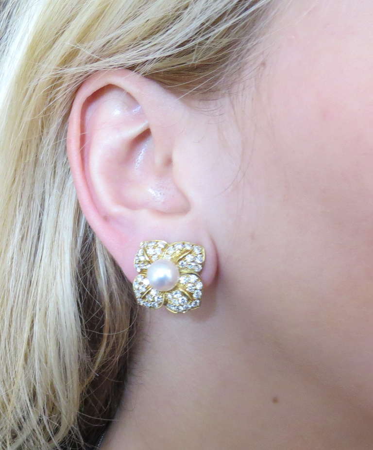 Women's Mikimoto Gold Diamond Pearl Floral Earrings