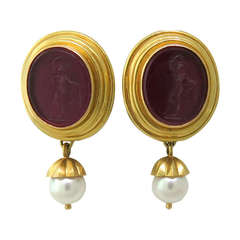 Elizabeth Locke Gold Venetian Glass Intaglio Day Night Pearl Earrings