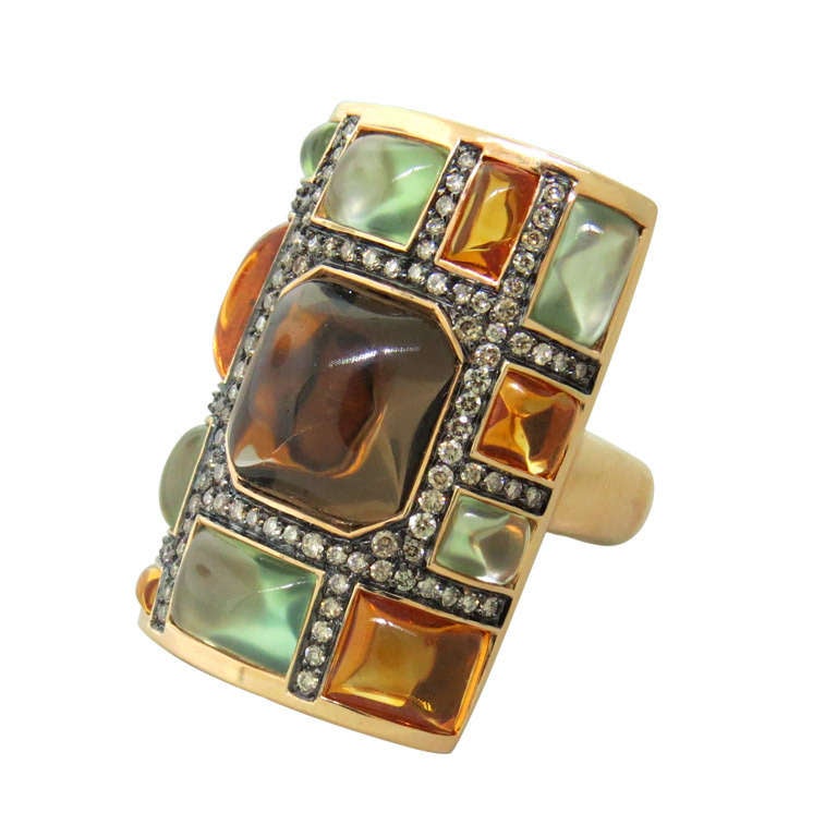 Moderner moderner Goldring mit Rauchtopas, Citrin und Peridot Diamant