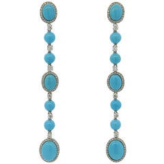Beautiful Turquoise Diamond Gold Long Drop Earrings