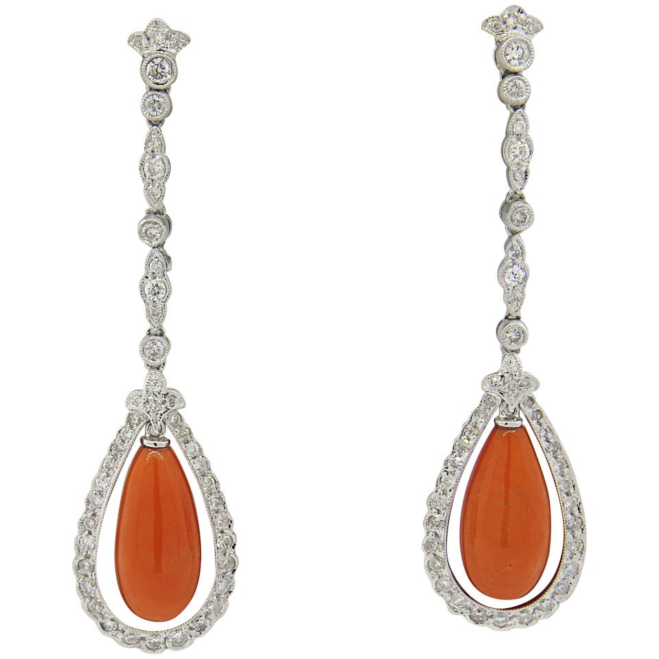 Coral Diamond Long Drop Gold Earrings