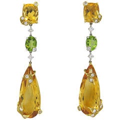 Vintage Elegant Citrine Peridot Diamond Gold Drop Earrings